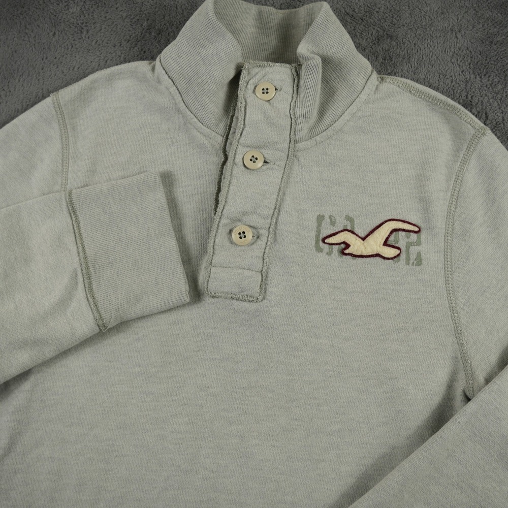 Hollister Henley Pullover Mens XL Gray Long Sleeve Mock Neck Logo Sweatshirt Y2K